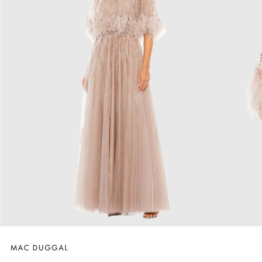 Mac Duggal Taupe Feathered Evening Gown